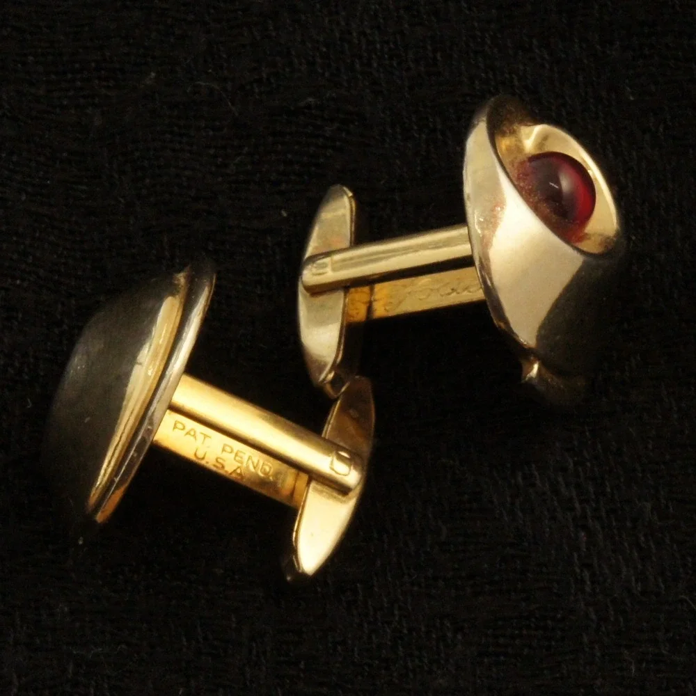 Vintage Foster Cufflinks Gold Tone Red Cabochon Swirl MCM Atomic Pair